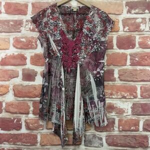 Energe World Wear Top Women's Large Multicolor Boho Abstract Embroidered Shirt